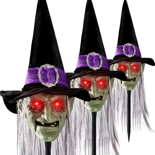 Halloween Animatronics Witch Pathway Markers, Scary Talking Decorations Animated Stakes with Sound, Light Up Eyes, Mouth Move, Haunted House Decor Holiday Horror Prop for Lawn Yard, Outdoor, (3 Pack)