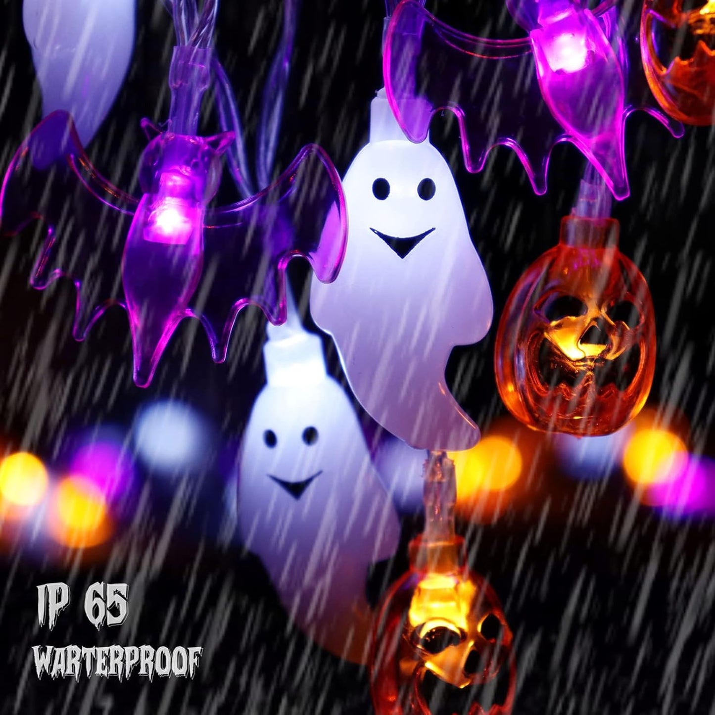 16FT Halloween String Lights – 30 LED Waterproof 3D Pumpkin, Bat & Ghost, Battery Operated with Timer