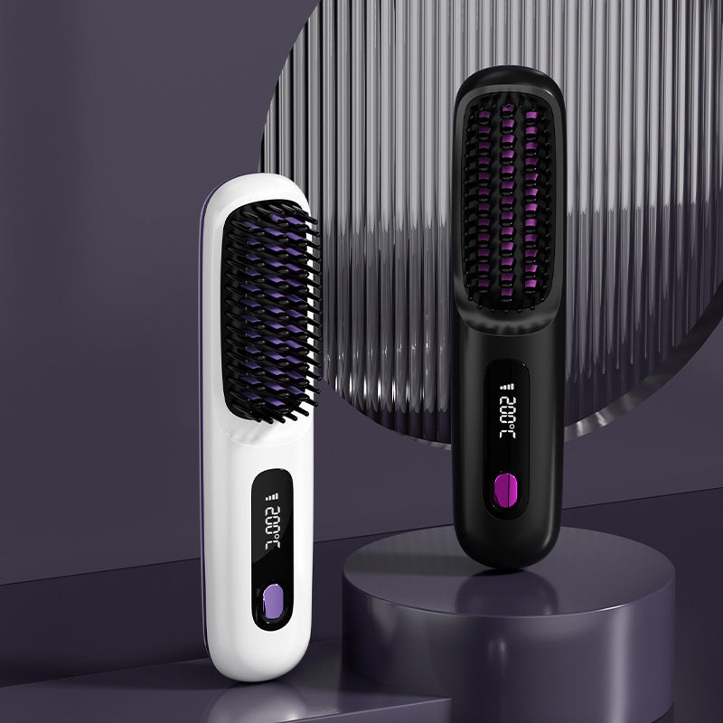 GlowEase™ Mini LCD Hair Straightener Brush – USB Rechargeable & Travel Ready