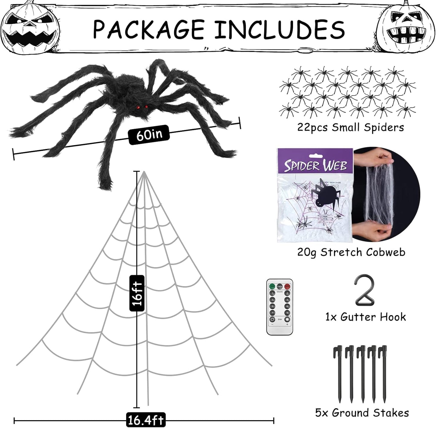 Halloween Giant Spider Web Lights – 125 Purple LEDs with Large Spider & Mini Spiders, Outdoor Yard Decor