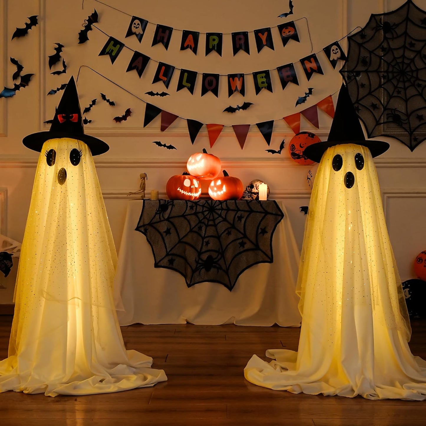 2Packs Halloween Decorations Outdoor,Halloweens Party Decoration Indoor,Spooky Ghost with Remote Control String Lights,Halloween-Ghost Lights for Porches Yards Gardens Lawn