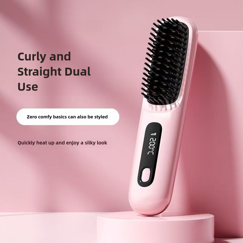 GlowEase™ Mini LCD Hair Straightener Brush – USB Rechargeable & Travel Ready