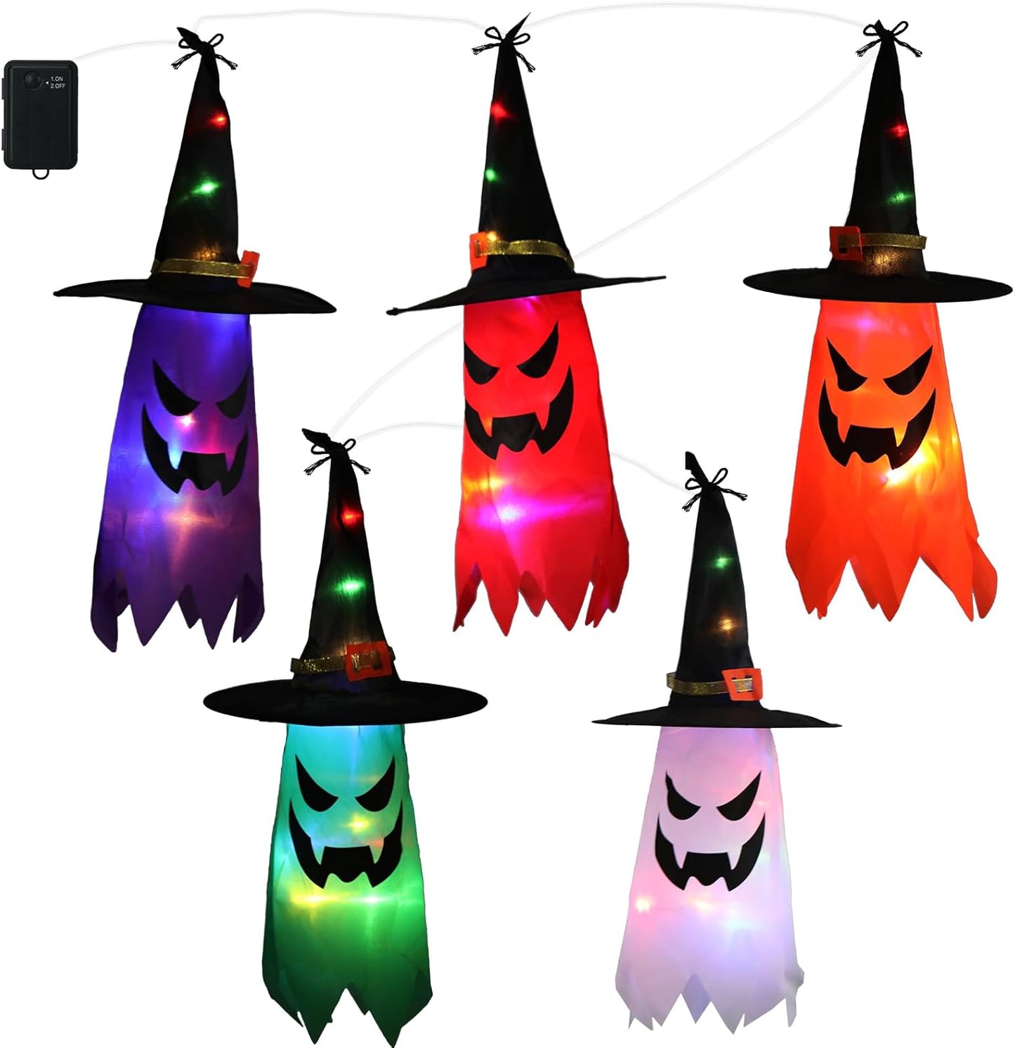 5PCS Glowing Hanging Witch Hats – Outdoor Halloween Decorations
