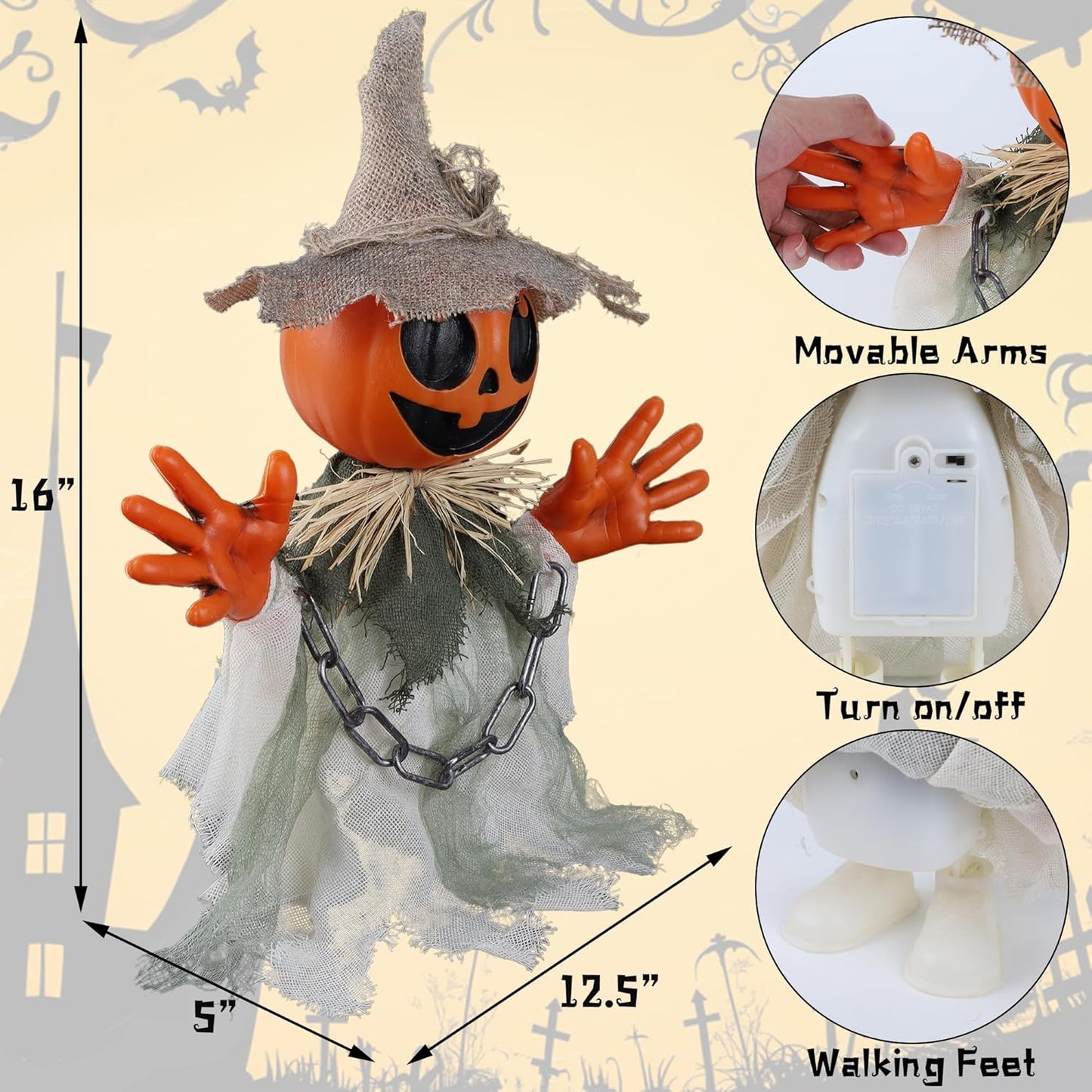Prsildan 16″ Animatronic Walking Pumpkin Ghost – Sound & Touch Activated Halloween Prop for Indoor/Outdoor Decor