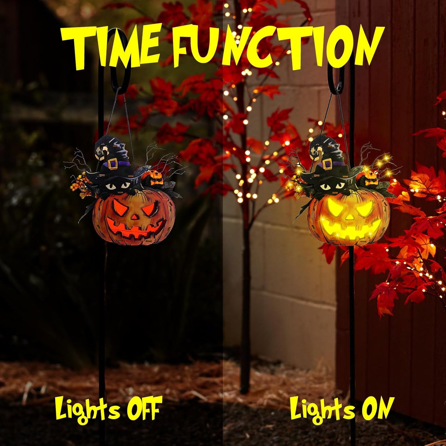 Halloween Pumpkin Lights, Jack-O-Lantern Maple Leaves Berries Witch Halloween Decorations - Premium Wood Pumpkin Light Indoor Outdoor Halloween Decor
