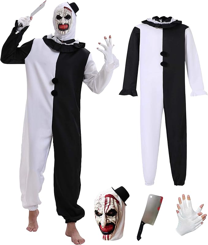 Terrifier Movie Killer Halloween Costume for Adult Black and White Creepy Jumpsuit Accessories Set