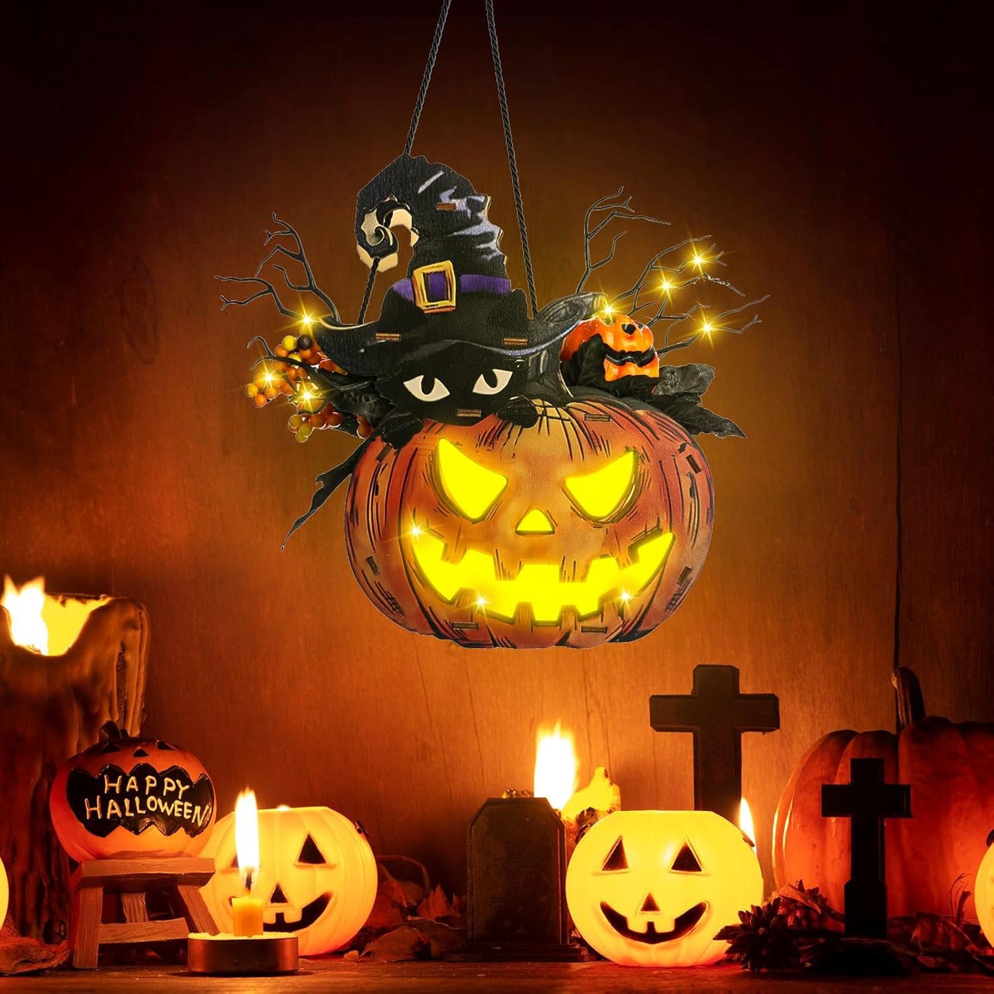 Halloween Pumpkin Lights, Jack-O-Lantern Maple Leaves Berries Witch Halloween Decorations - Premium Wood Pumpkin Light Indoor Outdoor Halloween Decor