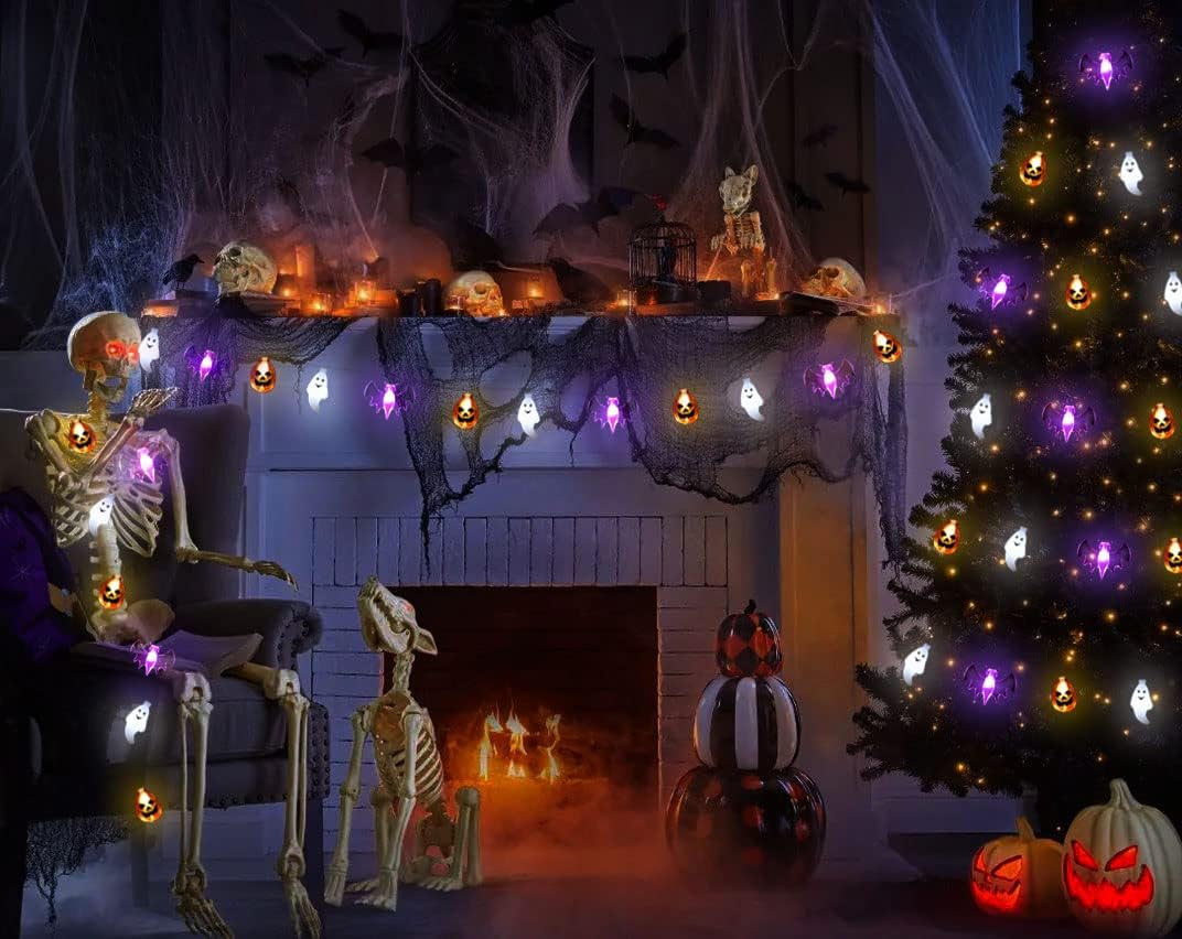 16FT Halloween String Lights – 30 LED Waterproof 3D Pumpkin, Bat & Ghost, Battery Operated with Timer