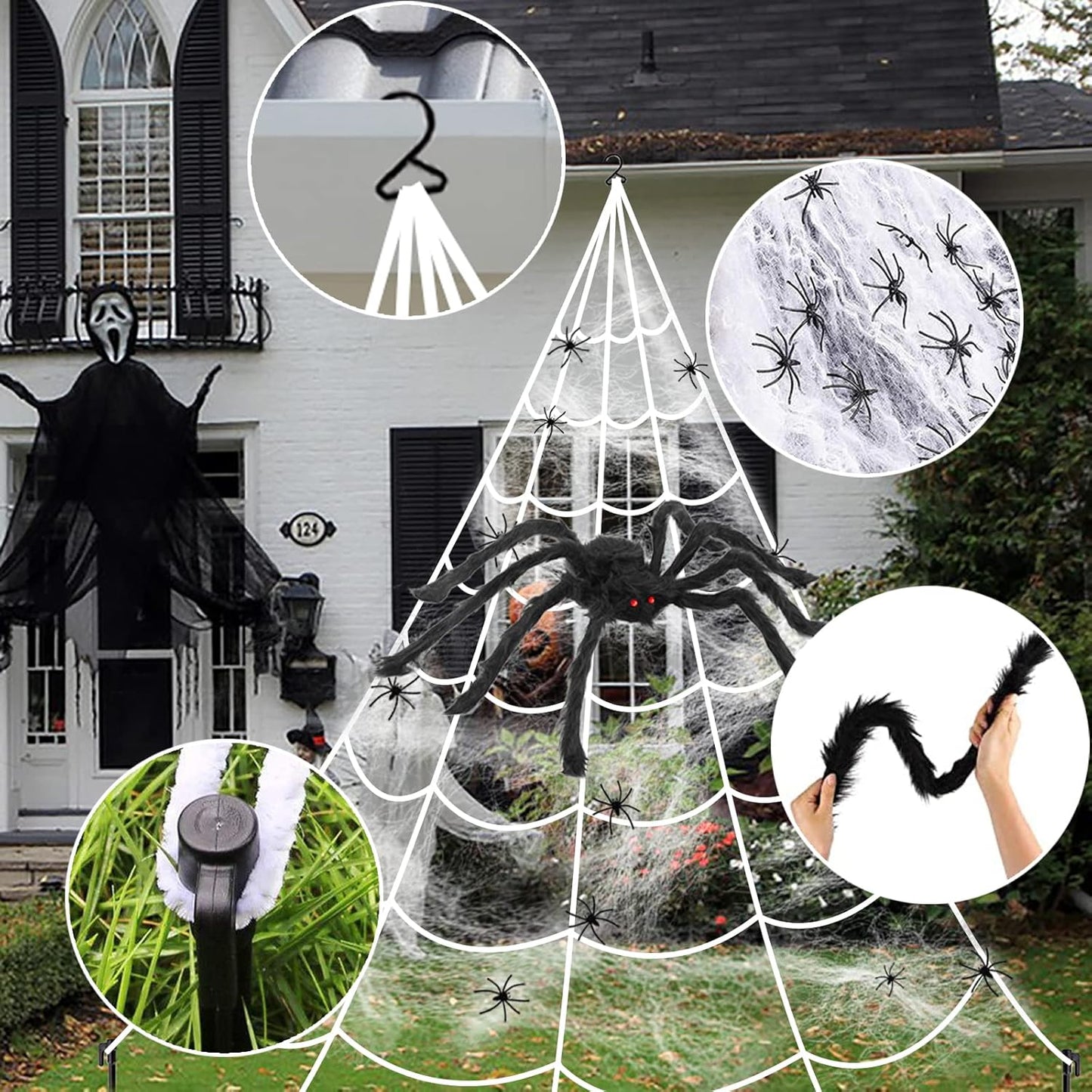 Halloween Giant Spider Web Lights – 125 Purple LEDs with Large Spider & Mini Spiders, Outdoor Yard Decor