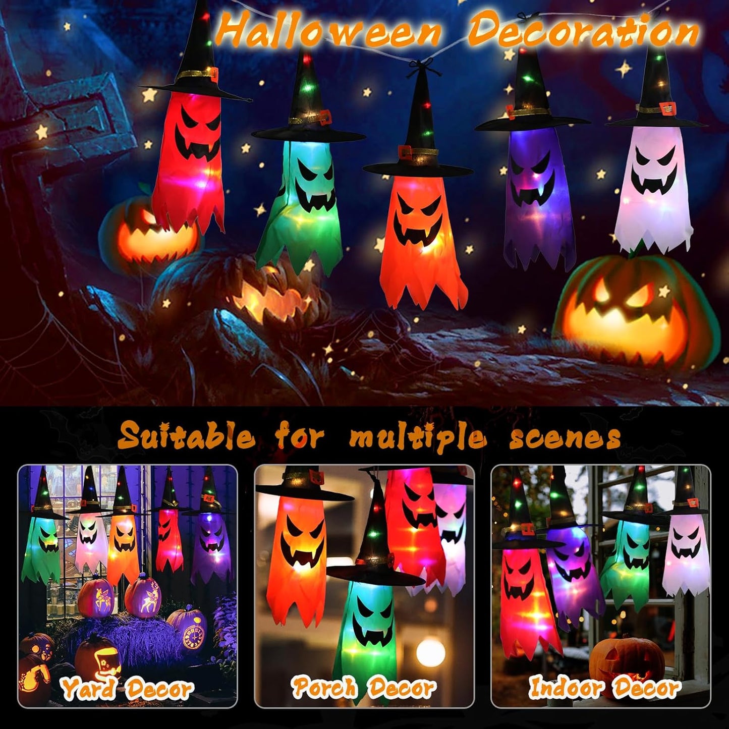 5PCS Glowing Hanging Witch Hats – Outdoor Halloween Decorations