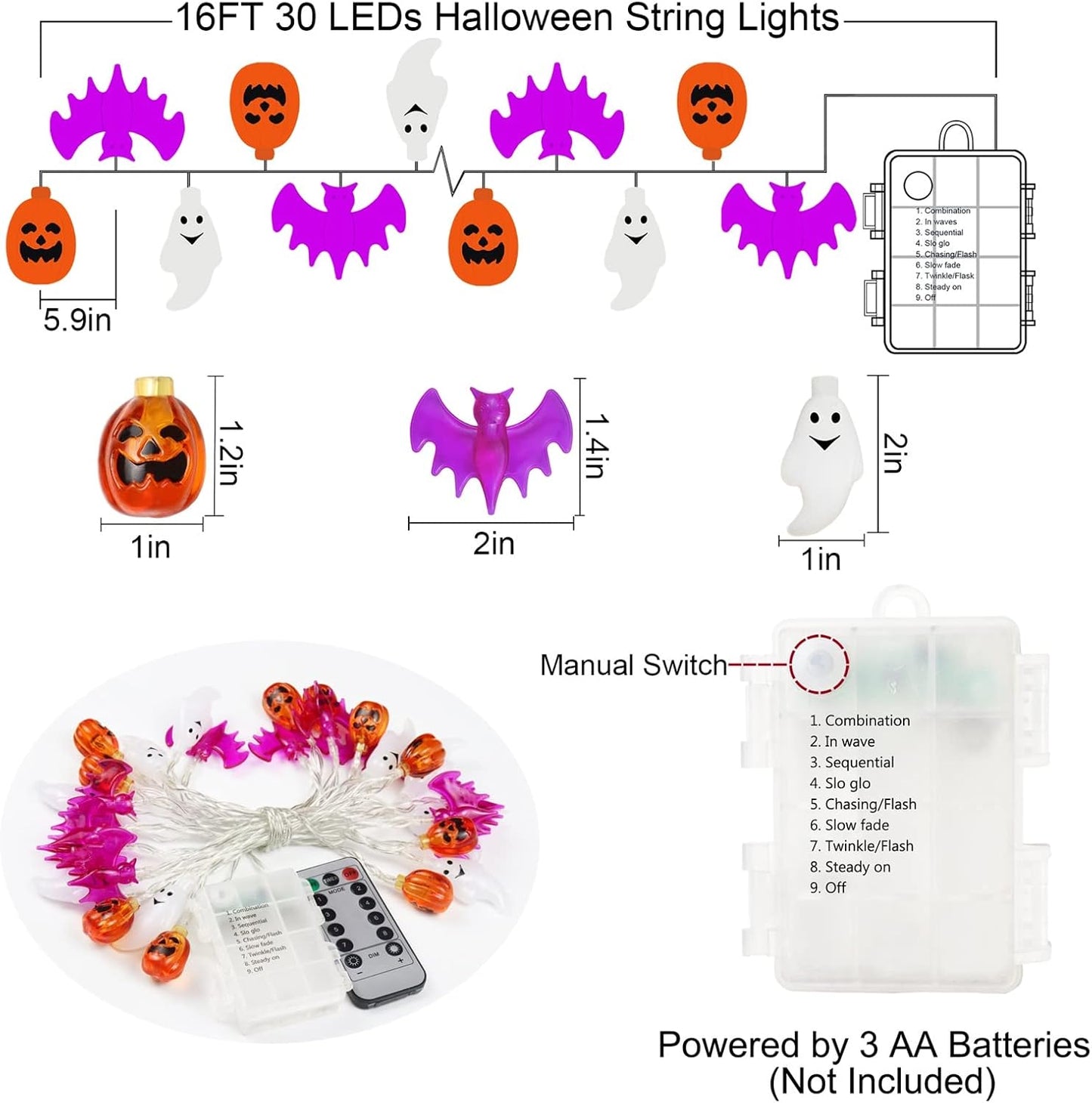 16FT Halloween String Lights – 30 LED Waterproof 3D Pumpkin, Bat & Ghost, Battery Operated with Timer