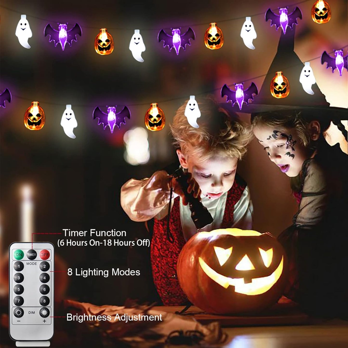 16FT Halloween String Lights – 30 LED Waterproof 3D Pumpkin, Bat & Ghost, Battery Operated with Timer