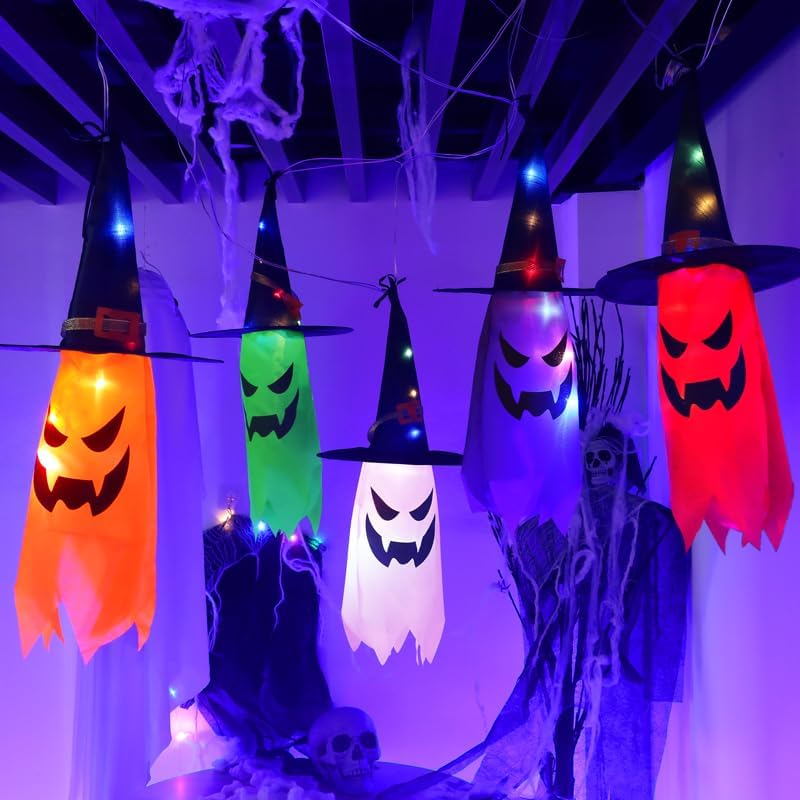 5PCS Glowing Hanging Witch Hats – Outdoor Halloween Decorations