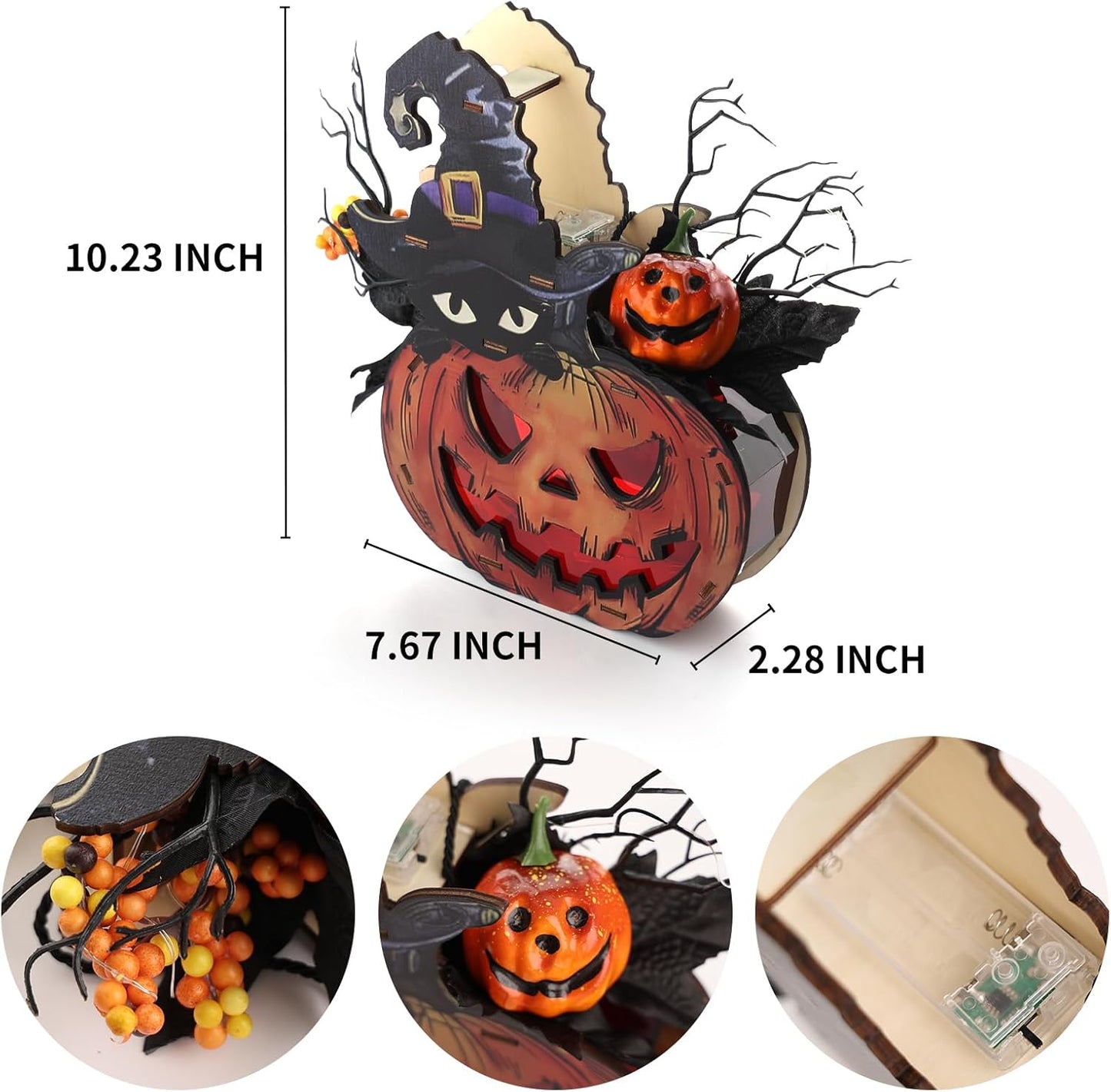 Halloween Pumpkin Lights, Jack-O-Lantern Maple Leaves Berries Witch Halloween Decorations - Premium Wood Pumpkin Light Indoor Outdoor Halloween Decor