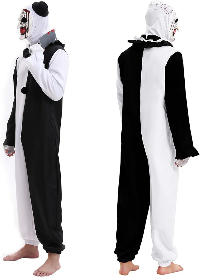 Terrifier Movie Killer Halloween Costume for Adult Black and White Creepy Jumpsuit Accessories Set