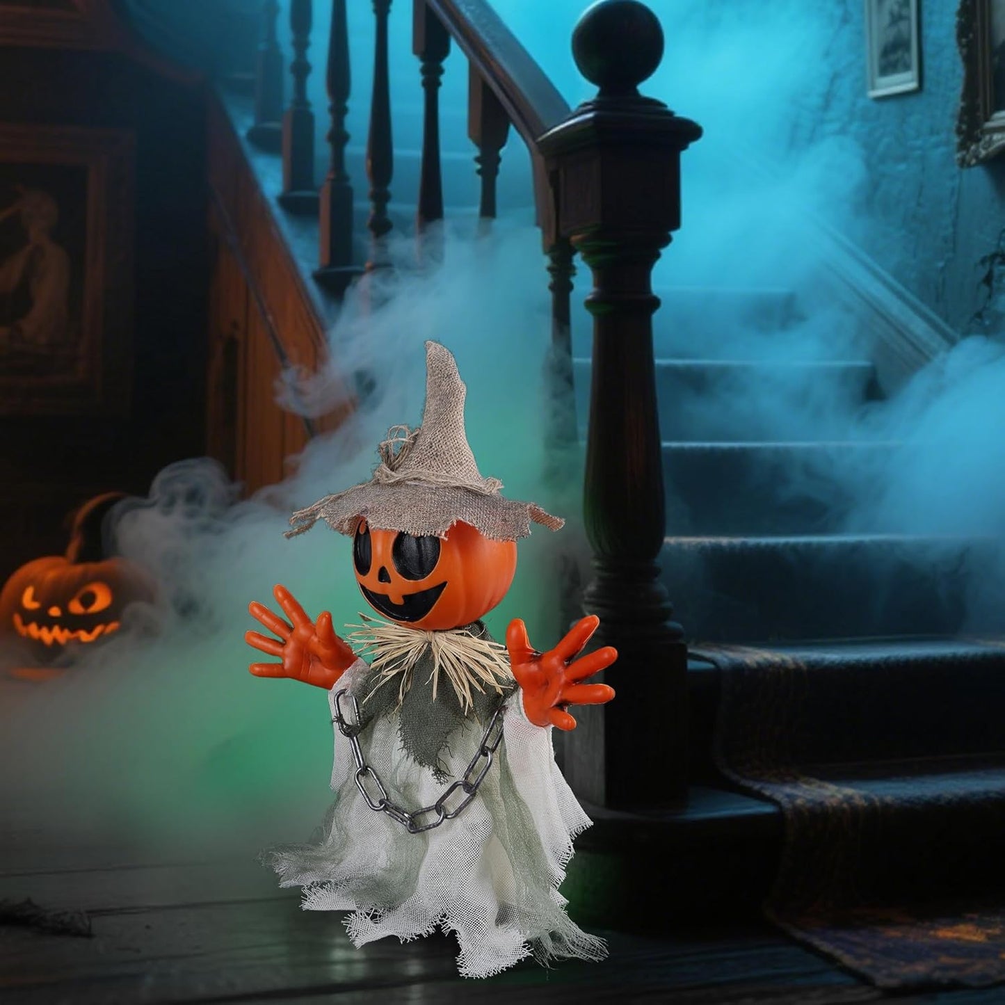 Prsildan 16″ Animatronic Walking Pumpkin Ghost – Sound & Touch Activated Halloween Prop for Indoor/Outdoor Decor