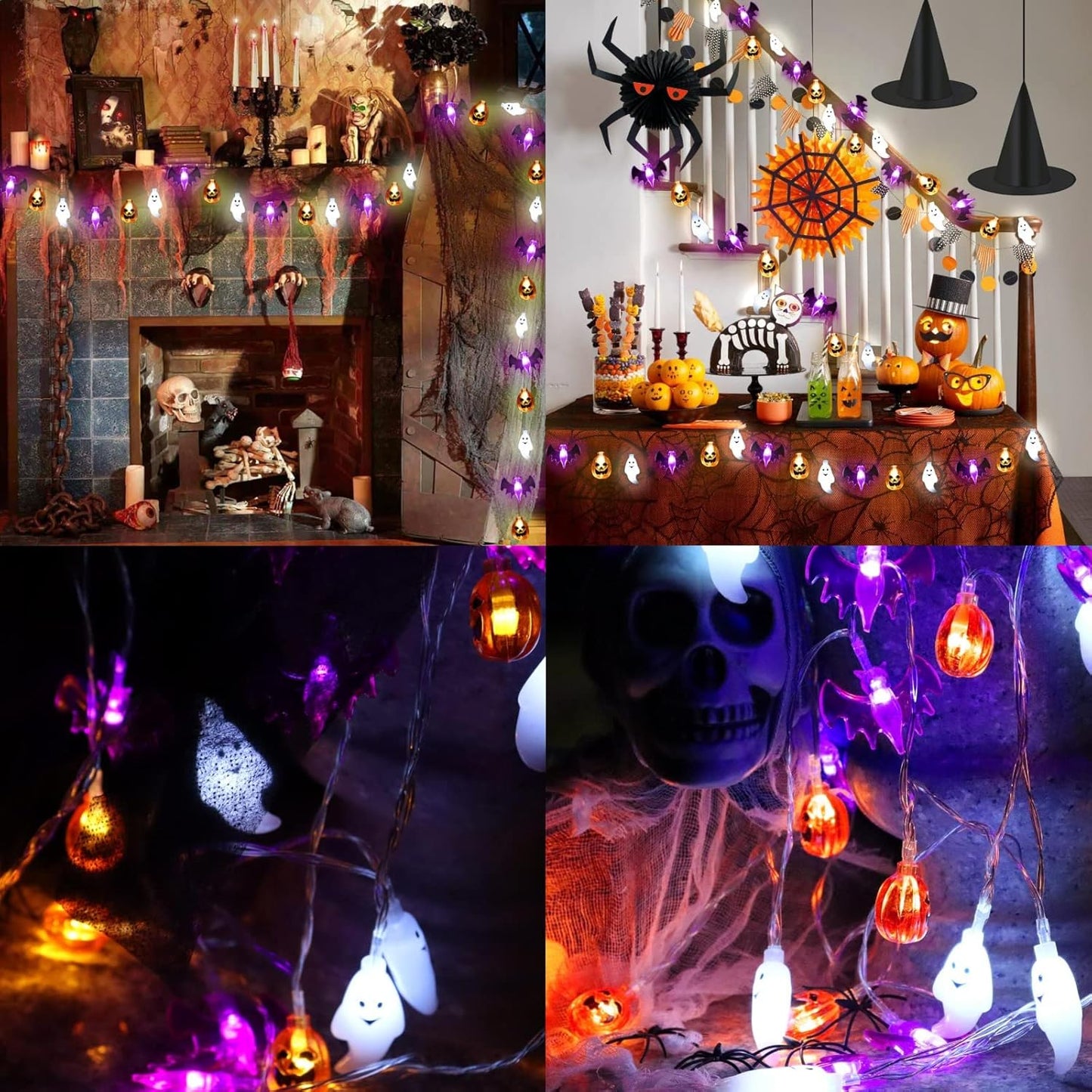 16FT Halloween String Lights – 30 LED Waterproof 3D Pumpkin, Bat & Ghost, Battery Operated with Timer