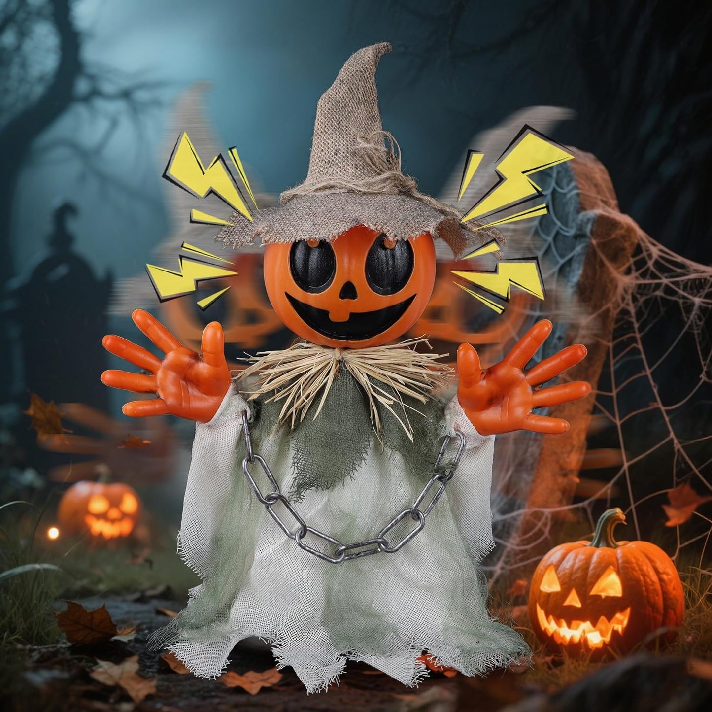 Prsildan 16″ Animatronic Walking Pumpkin Ghost – Sound & Touch Activated Halloween Prop for Indoor/Outdoor Decor