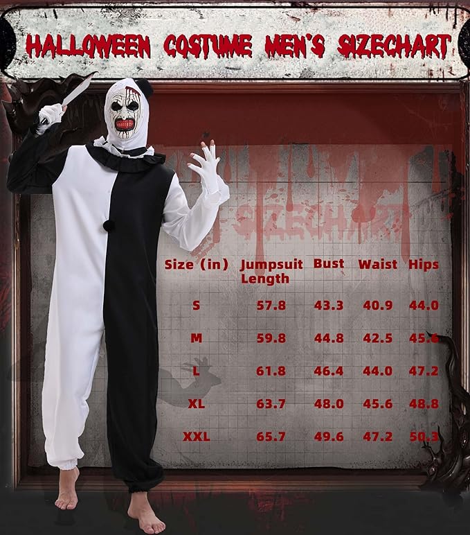 Terrifier Movie Killer Halloween Costume for Adult Black and White Creepy Jumpsuit Accessories Set