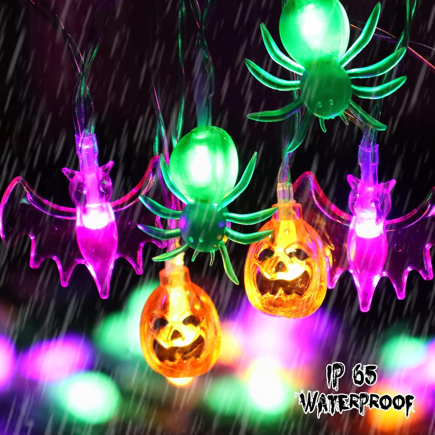 16FT Halloween String Lights – 30 LED Waterproof 3D Pumpkin, Bat & Ghost, Battery Operated with Timer