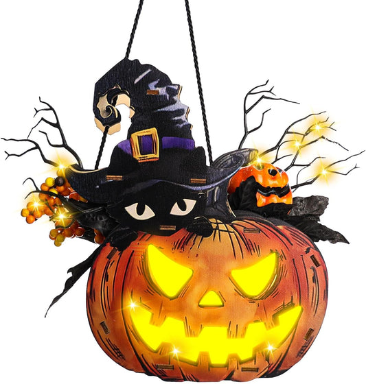 Halloween Pumpkin Lights, Jack-O-Lantern Maple Leaves Berries Witch Halloween Decorations - Premium Wood Pumpkin Light Indoor Outdoor Halloween Decor