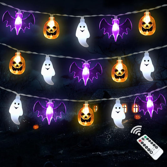 16FT Halloween String Lights – 30 LED Waterproof 3D Pumpkin, Bat & Ghost, Battery Operated with Timer