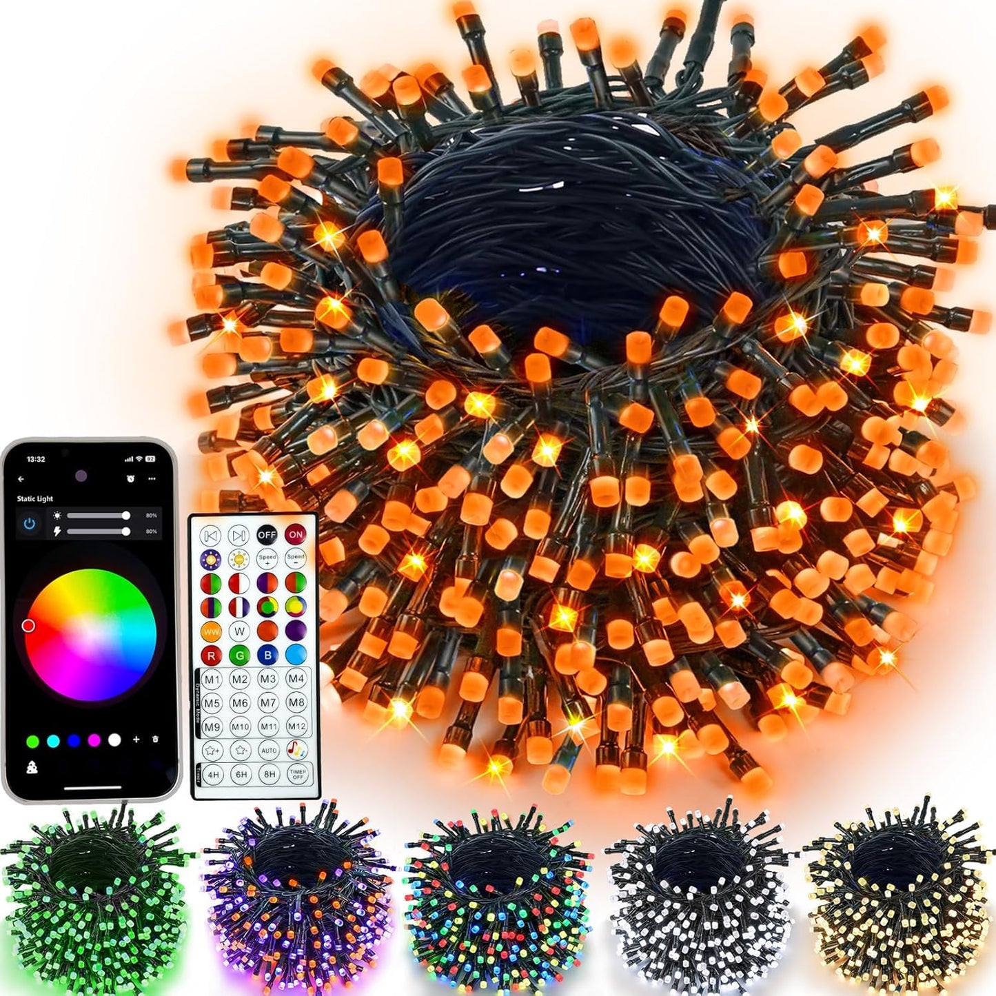 Smart Color-Changing RGB LED String Lights – 66ft, 200 LEDs, Remote & App Control, Timer, Music Sync