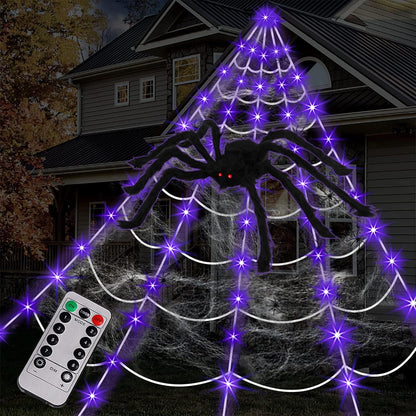 Halloween Giant Spider Web Lights – 125 Purple LEDs with Large Spider & Mini Spiders, Outdoor Yard Decor