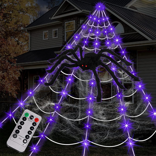 Halloween Giant Spider Web Lights – 125 Purple LEDs with Large Spider & Mini Spiders, Outdoor Yard Decor