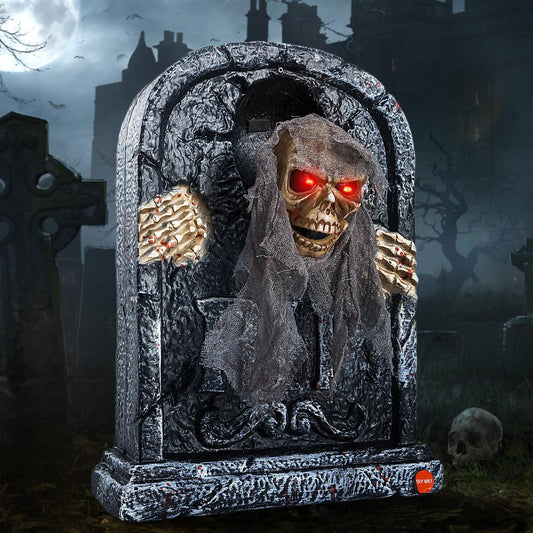 Halloween Animatronic Tombstone with Moving Skeleton - Sensor Activated Animated Scary Prop with Creepy Sound & Light-Up Eyes for Haunted House, Yard,Halloween Party Decor