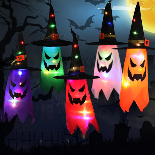 5PCS Glowing Hanging Witch Hats – Outdoor Halloween Decorations