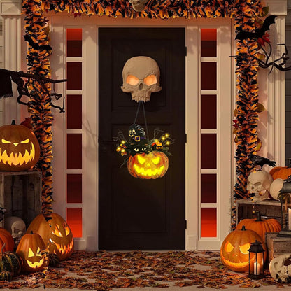 Halloween Pumpkin Lights, Jack-O-Lantern Maple Leaves Berries Witch Halloween Decorations - Premium Wood Pumpkin Light Indoor Outdoor Halloween Decor