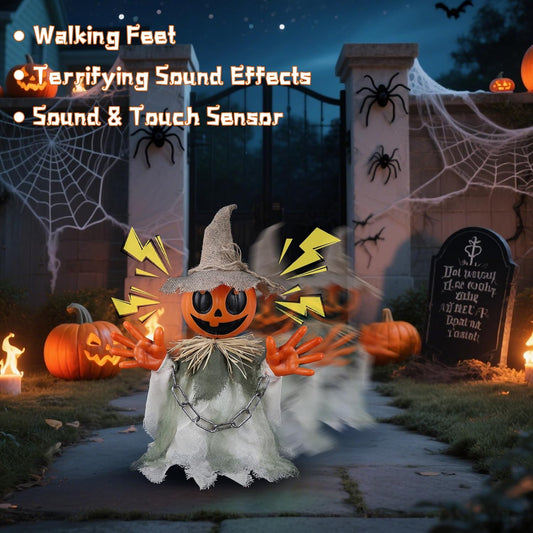 Prsildan 16″ Animatronic Walking Pumpkin Ghost – Sound & Touch Activated Halloween Prop for Indoor/Outdoor Decor