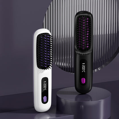 GlowEase™ Mini LCD Hair Straightener Brush – USB Rechargeable & Travel Ready