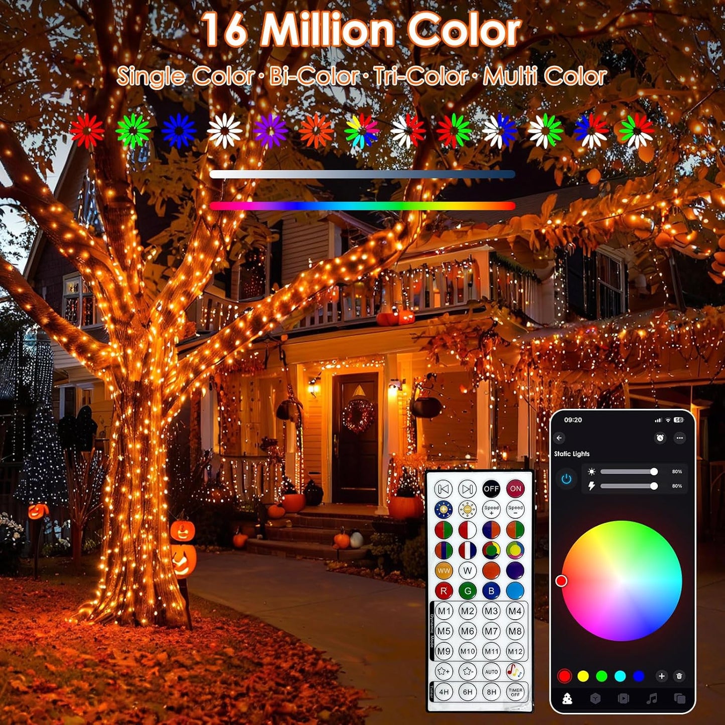 Smart Color-Changing RGB LED String Lights – 66ft, 200 LEDs, Remote & App Control, Timer, Music Sync