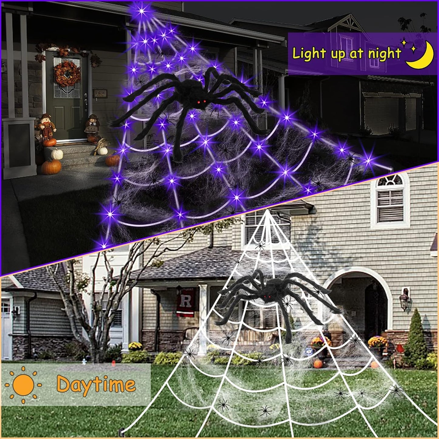 Halloween Giant Spider Web Lights – 125 Purple LEDs with Large Spider & Mini Spiders, Outdoor Yard Decor