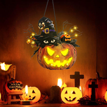 Halloween Pumpkin Lights, Jack-O-Lantern Maple Leaves Berries Witch Halloween Decorations - Premium Wood Pumpkin Light Indoor Outdoor Halloween Decor