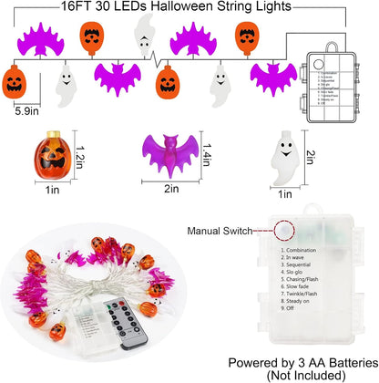 16FT Halloween String Lights – 30 LED Waterproof 3D Pumpkin, Bat & Ghost, Battery Operated with Timer