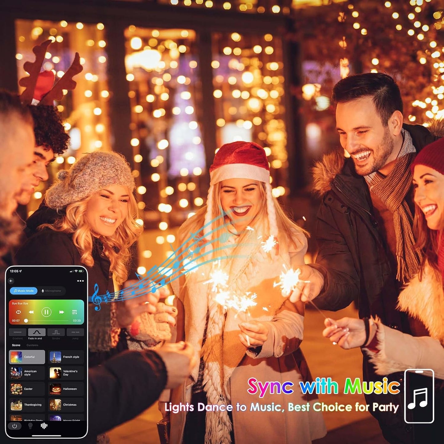 Smart Color-Changing RGB LED String Lights – 66ft, 200 LEDs, Remote & App Control, Timer, Music Sync