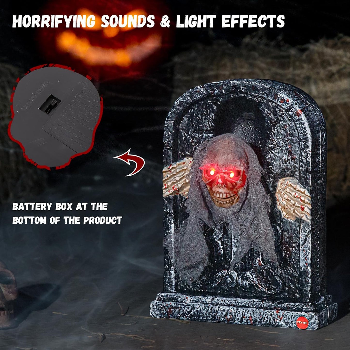 Halloween Animatronic Tombstone with Moving Skeleton - Sensor Activated Animated Scary Prop with Creepy Sound & Light-Up Eyes for Haunted House, Yard,Halloween Party Decor