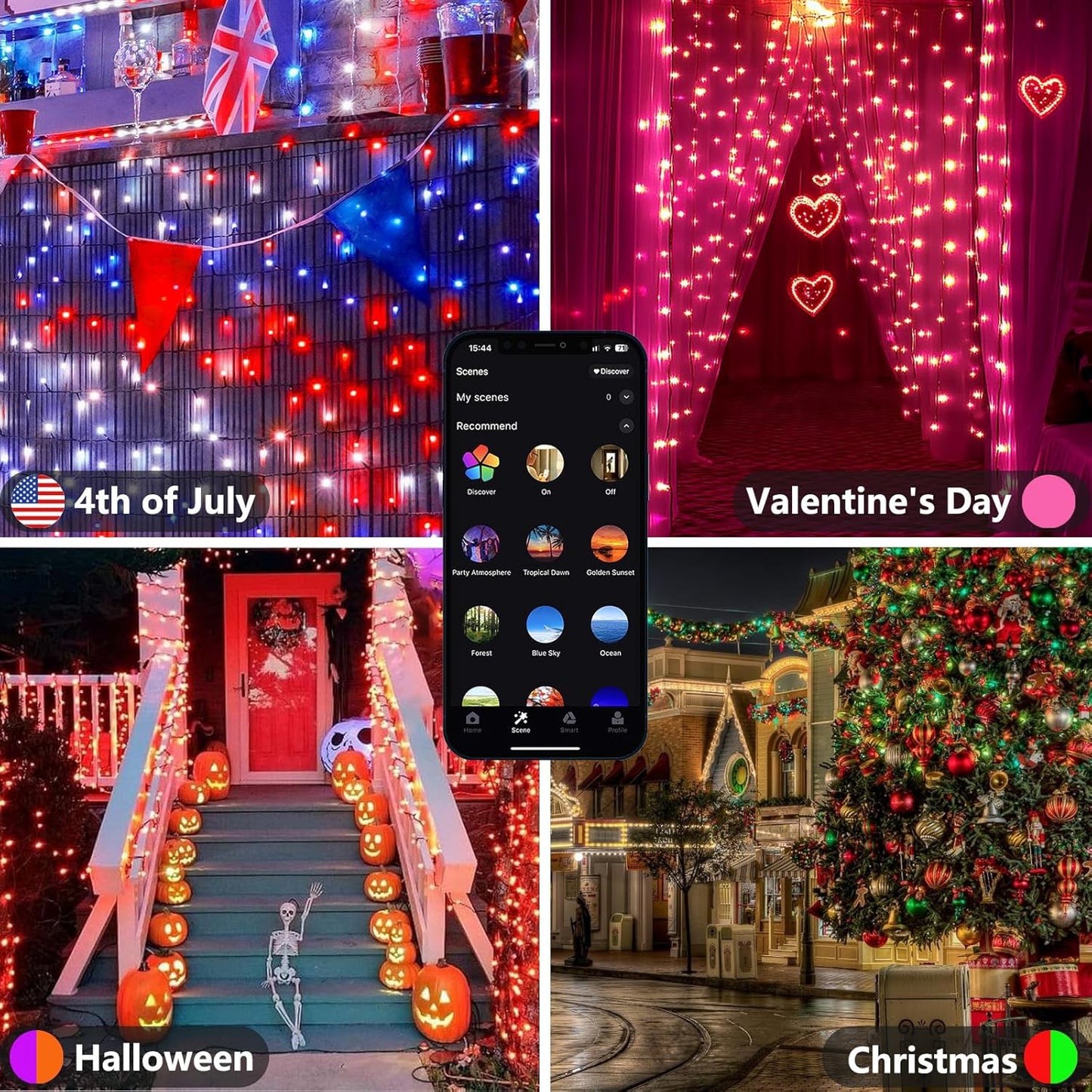 Smart Color-Changing RGB LED String Lights – 66ft, 200 LEDs, Remote & App Control, Timer, Music Sync