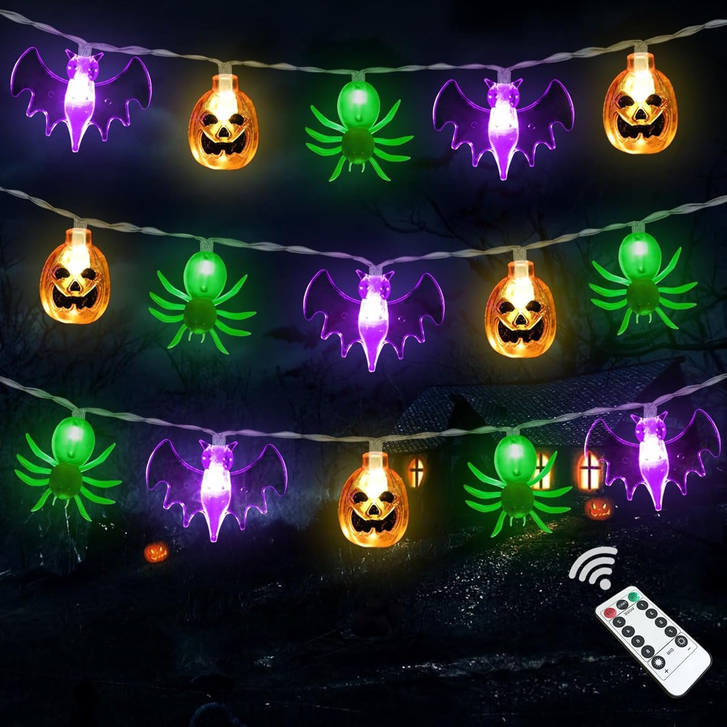 16FT Halloween String Lights – 30 LED Waterproof 3D Pumpkin, Bat & Ghost, Battery Operated with Timer