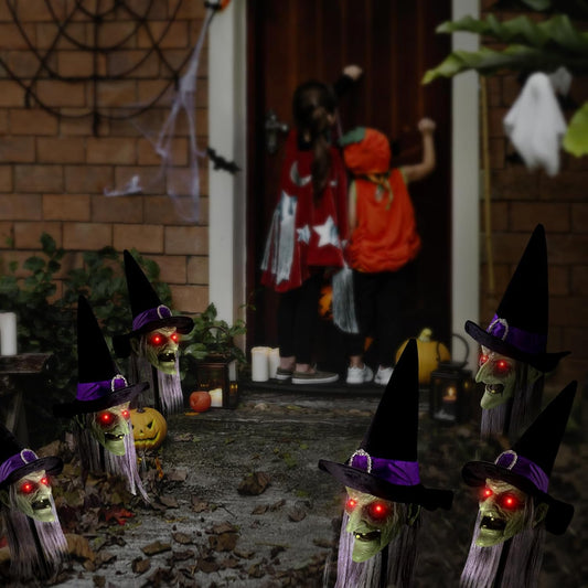 Halloween Animatronics Witch Pathway Markers, Scary Talking Decorations Animated Stakes with Sound, Light Up Eyes, Mouth Move, Haunted House Decor Holiday Horror Prop for Lawn Yard, Outdoor, (3 Pack)