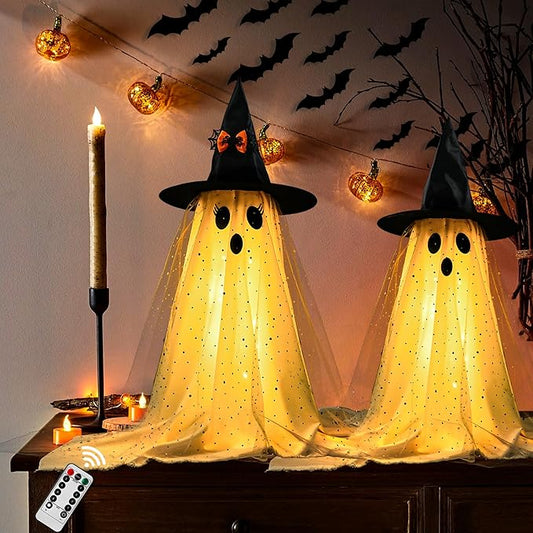 2Packs Halloween Decorations Outdoor,Halloweens Party Decoration Indoor,Spooky Ghost with Remote Control String Lights,Halloween-Ghost Lights for Porches Yards Gardens Lawn