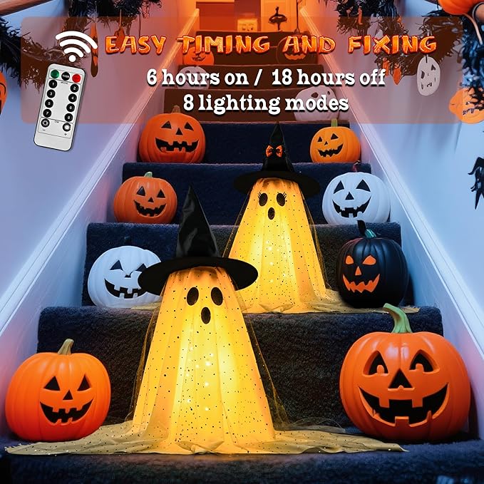 2Packs Halloween Decorations Outdoor,Halloweens Party Decoration Indoor,Spooky Ghost with Remote Control String Lights,Halloween-Ghost Lights for Porches Yards Gardens Lawn