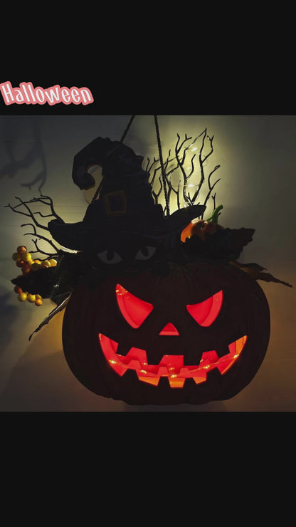 Halloween Pumpkin Lights, Jack-O-Lantern Maple Leaves Berries Witch Halloween Decorations - Premium Wood Pumpkin Light Indoor Outdoor Halloween Decor